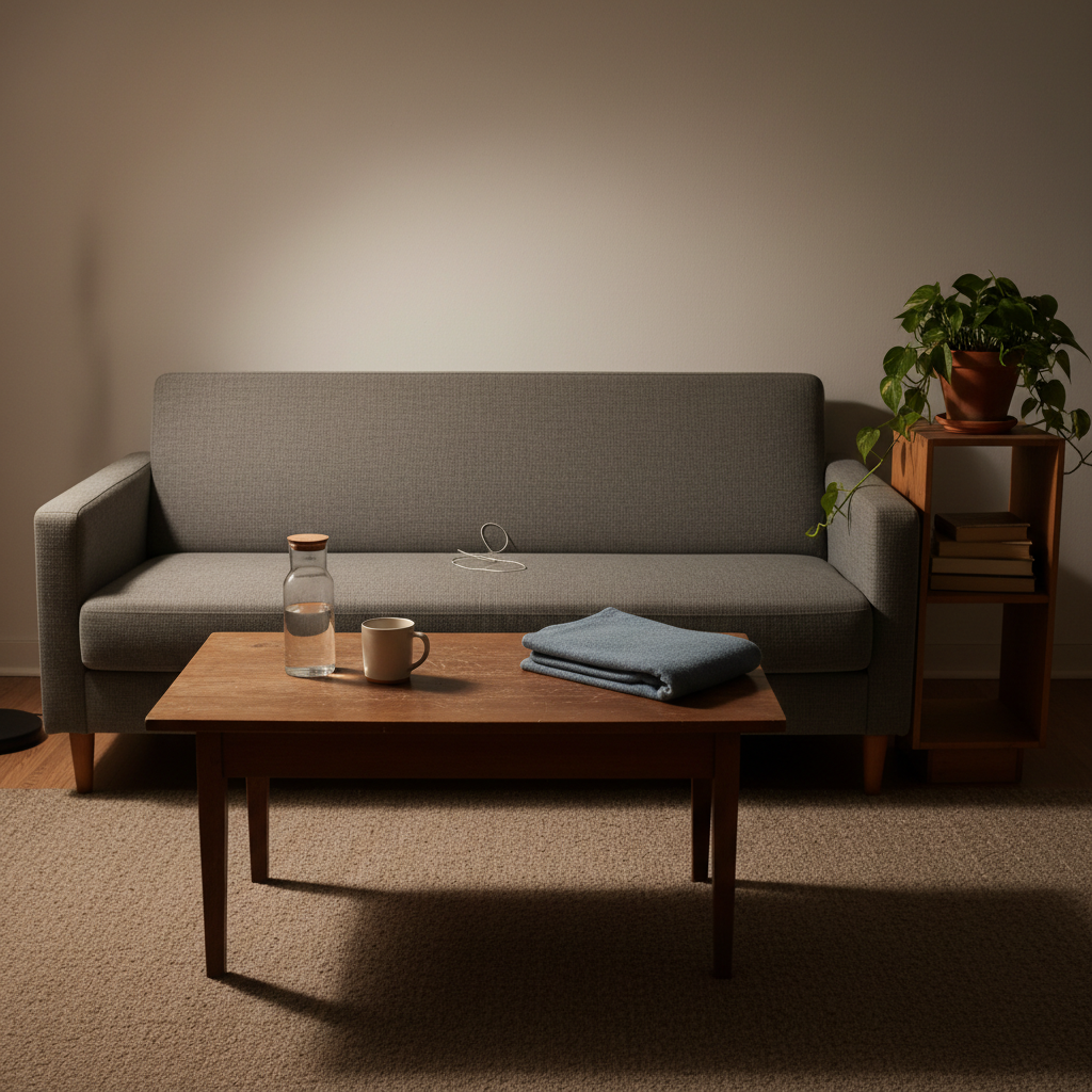 A modest, slightly worn sofa in a small living room, with an empty coffee table in front that holds only a glass carafe of water, a simple ceramic mug, and a folded blanket. On a side shelf, there are a few well-used books and a small, thriving green plant in a clay pot, adding a touch of life. The lighting is warm but subdued, coming from a floor lamp out of frame, casting gentle, honest shadows. Shot from a slightly elevated angle in photographic realism, with a balanced composition that feels intimate yet non-judgmental, capturing an evening at home in sober routine without glamour or drama.